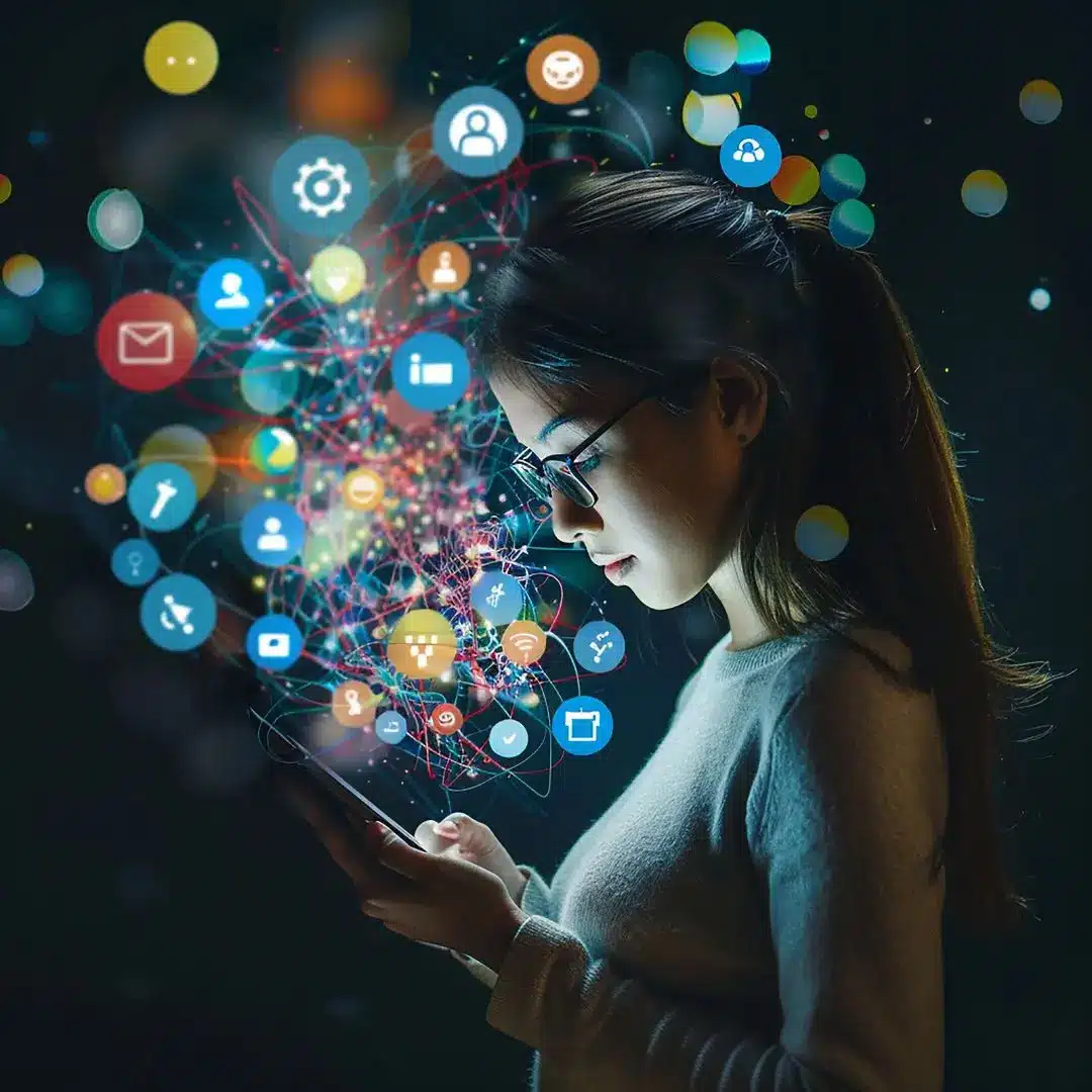Mujer usando las redes sociales con Inteligencia Artificial